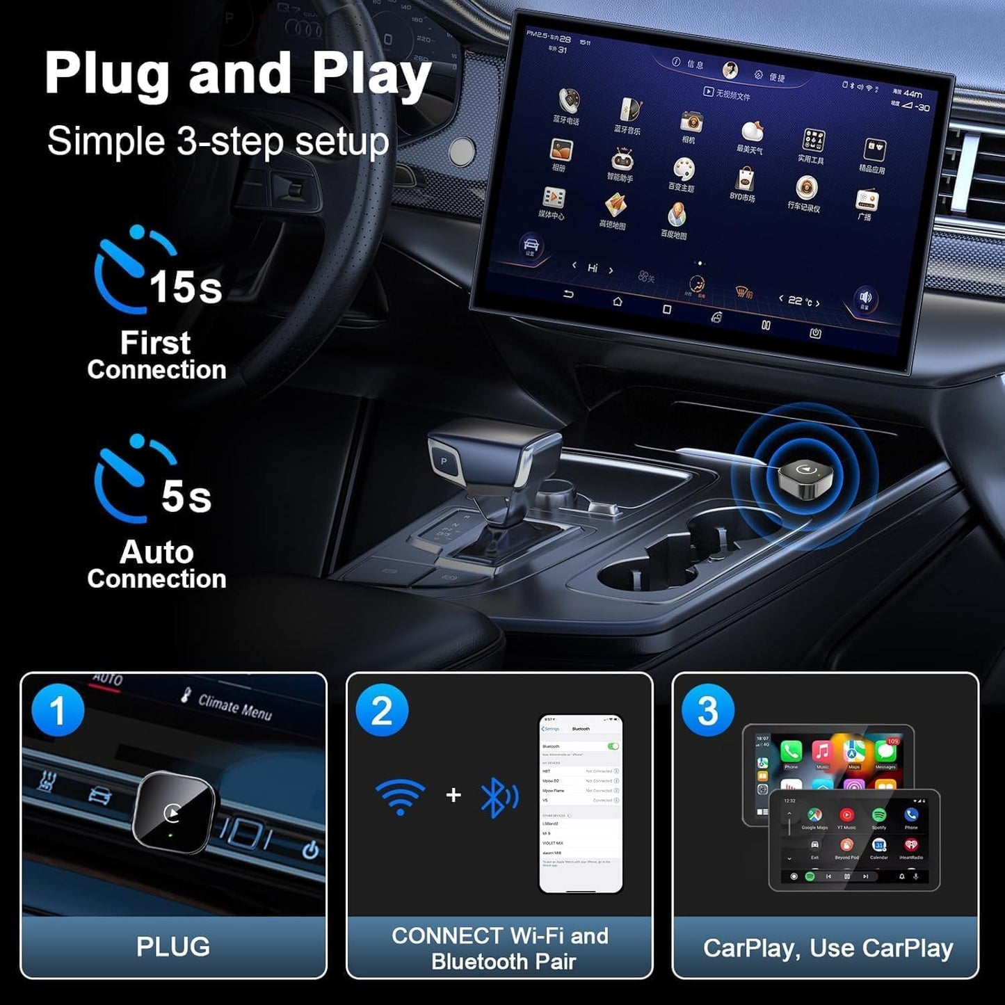 Kabelloser CarPlay & Android Auto Adapter, Schwarz-2in1CP204