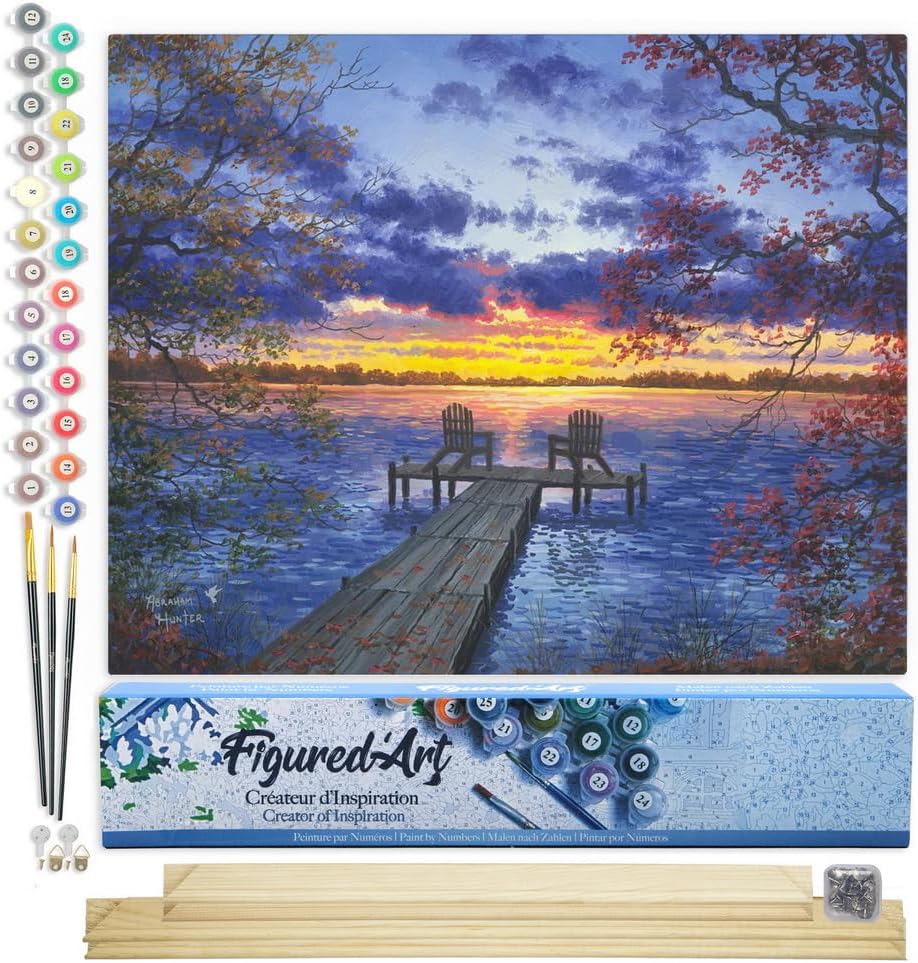 Malen nach Zahlen Set mit Rahmen (40x50cm), Eine Abenddämmerung am Flusssteg 40x50cm Mit Keilrahmen (nicht gespannt)