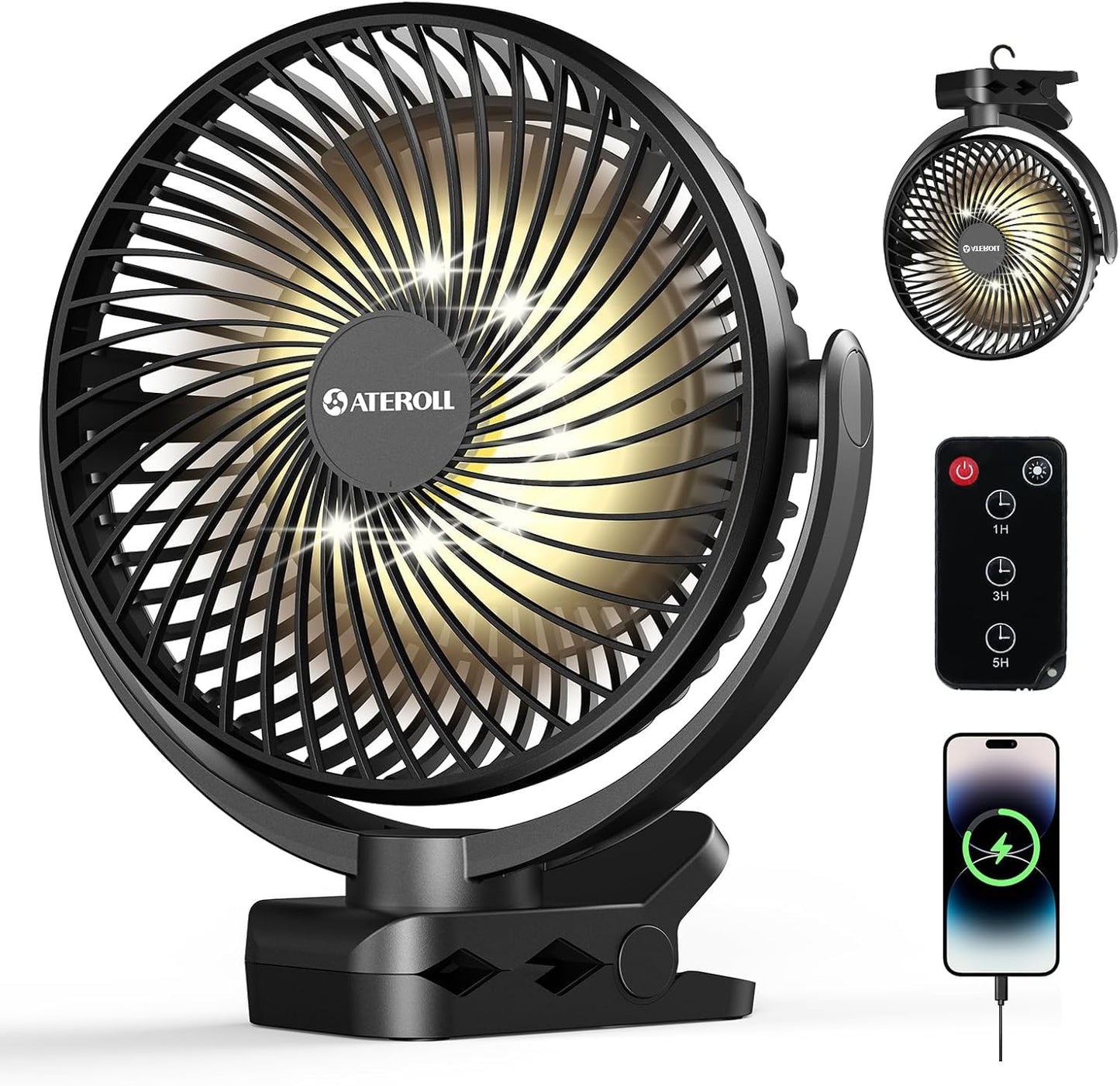 Clip-Ventilator mit Fernbedienung & LED-Lichtern, Schwarz