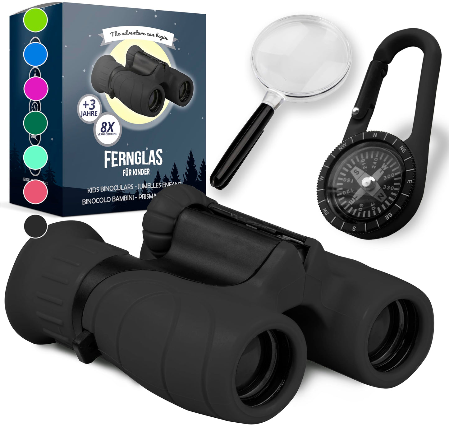 Fernglas für Kinder inklusive Lupe & Kompass, Schwarz