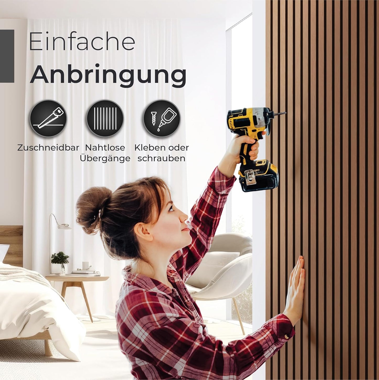Akustikpaneele Wandverkleidung, 4 Stück | je 120 x 60 x 2,1 cm Holzfurnier Walnuss | Akustikfilz Schwarz