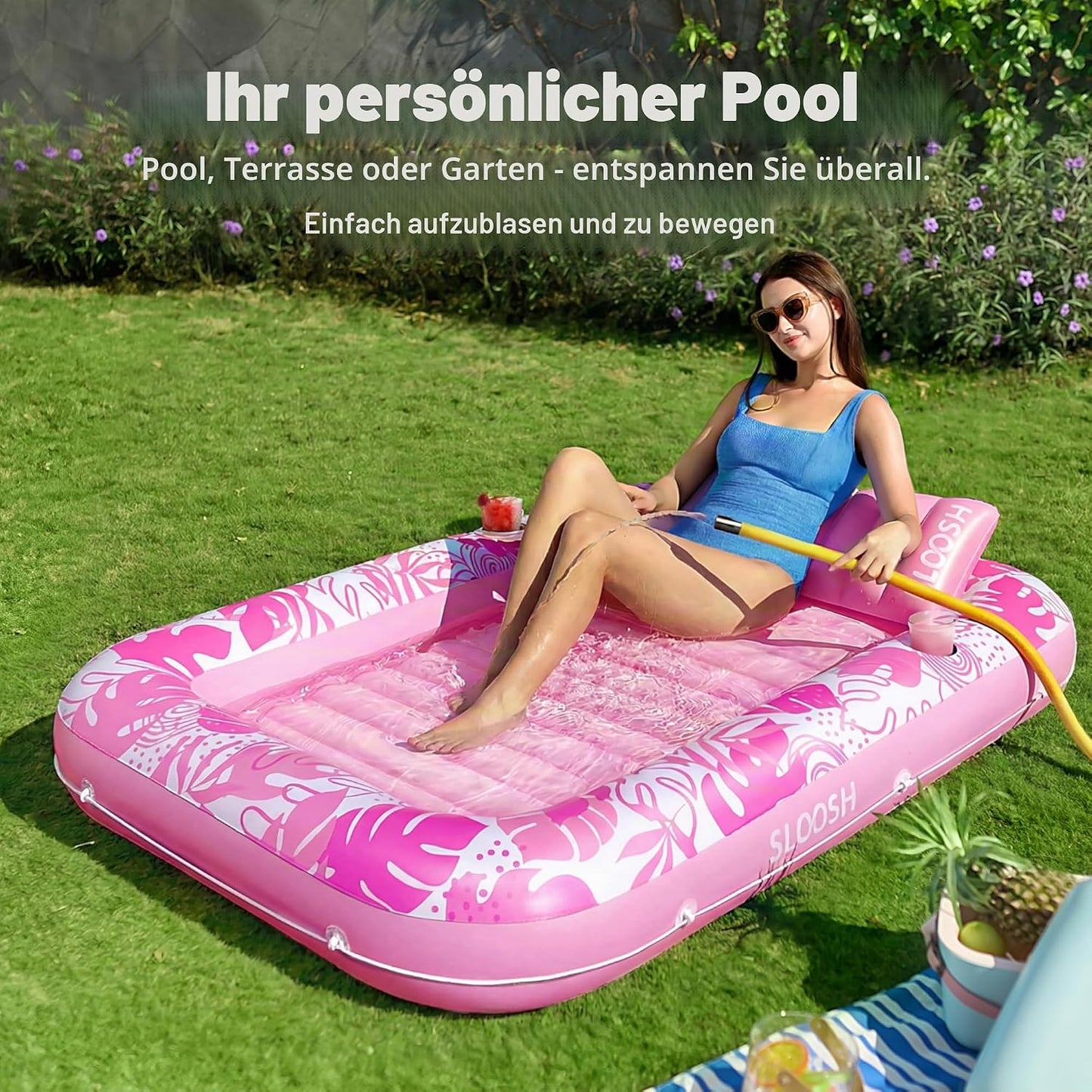 Aufblasbarer 4-in-1 Sonnenliegepool mit Kissen und Getränkehalter, Rosa L