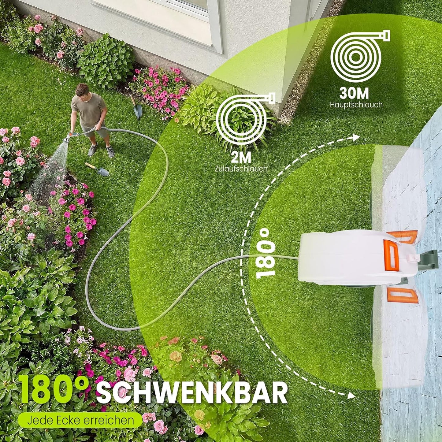 Schlauchtrommel mit automatischem Rücklauf, Grün & Orange 30M