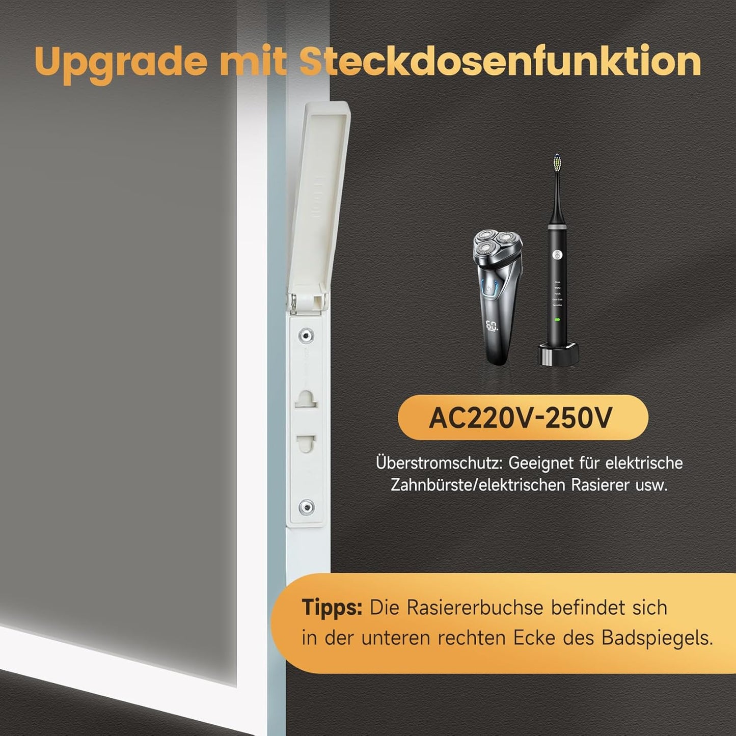 LED Badspiegel mit Bluetooth und Steckdose (100x60cm), Bluetooth+ Steckdose+ Beschlagfrei+ 3 Lichtfarbe 60L x 100B cm