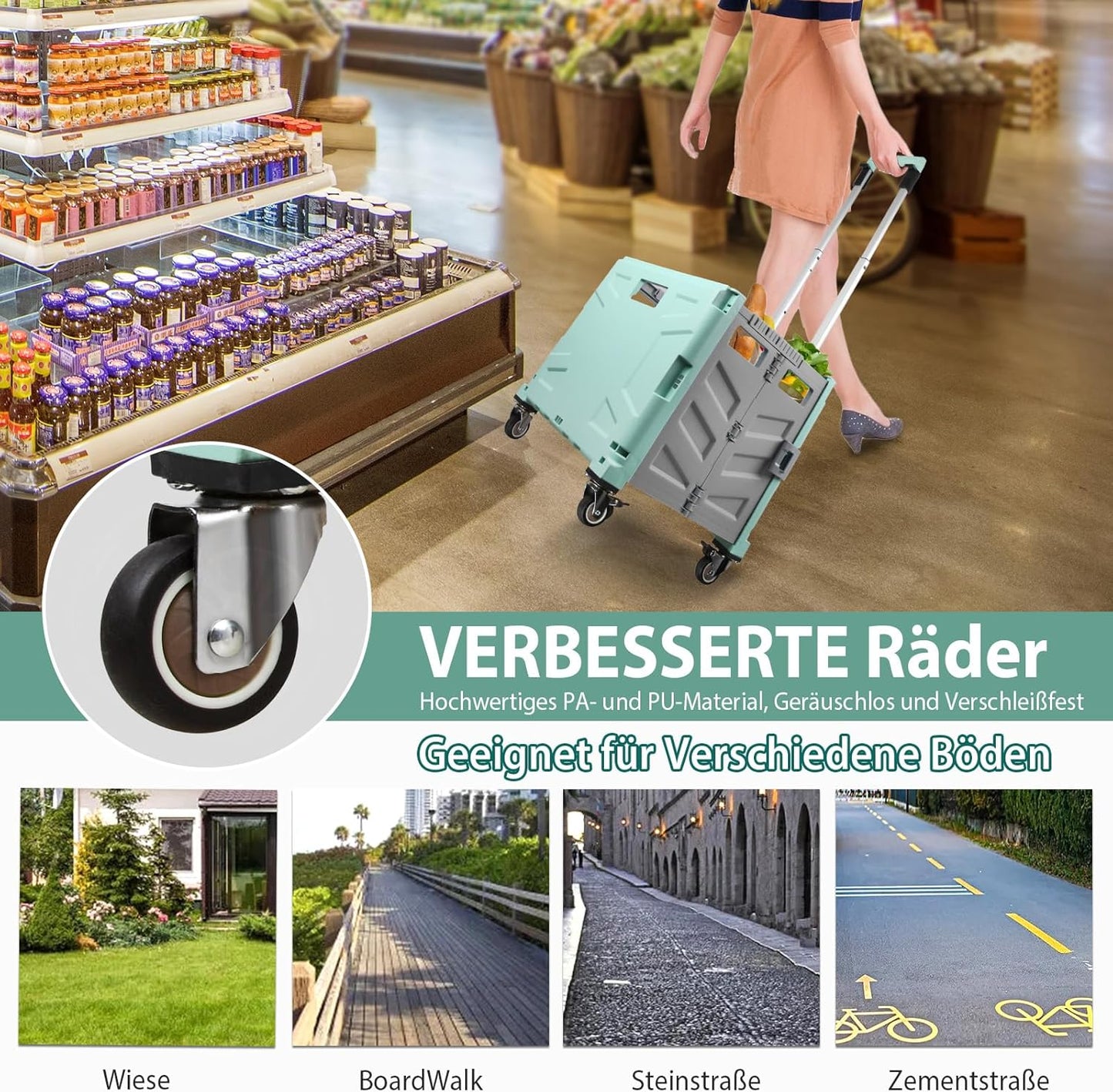 Klappbarer Einkaufstrolley, Grün Grau