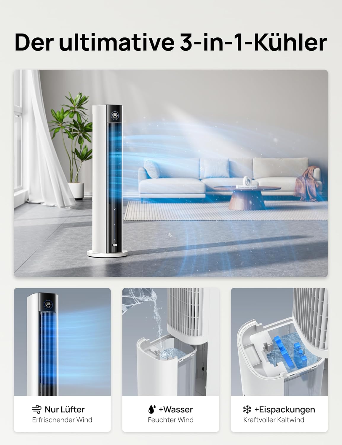 Turmventilator mit Wasserkühlung, App-Steuerung, Weiss