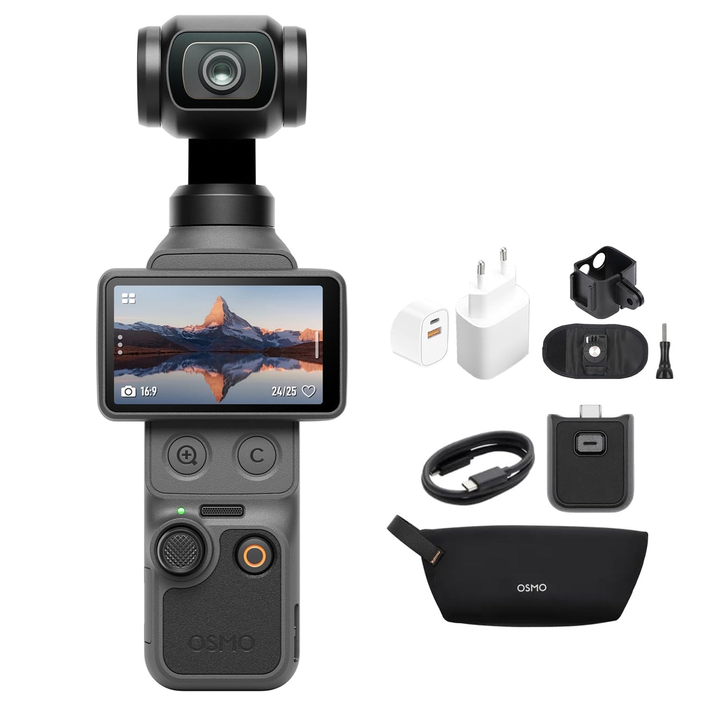 Osmo Pocket 4 Essential Combo mit 3-Achsen-Stabilisierung, Rucksackhalterung Clip + Ladestecker, Rucksackhalterung Clip + Ladestecker