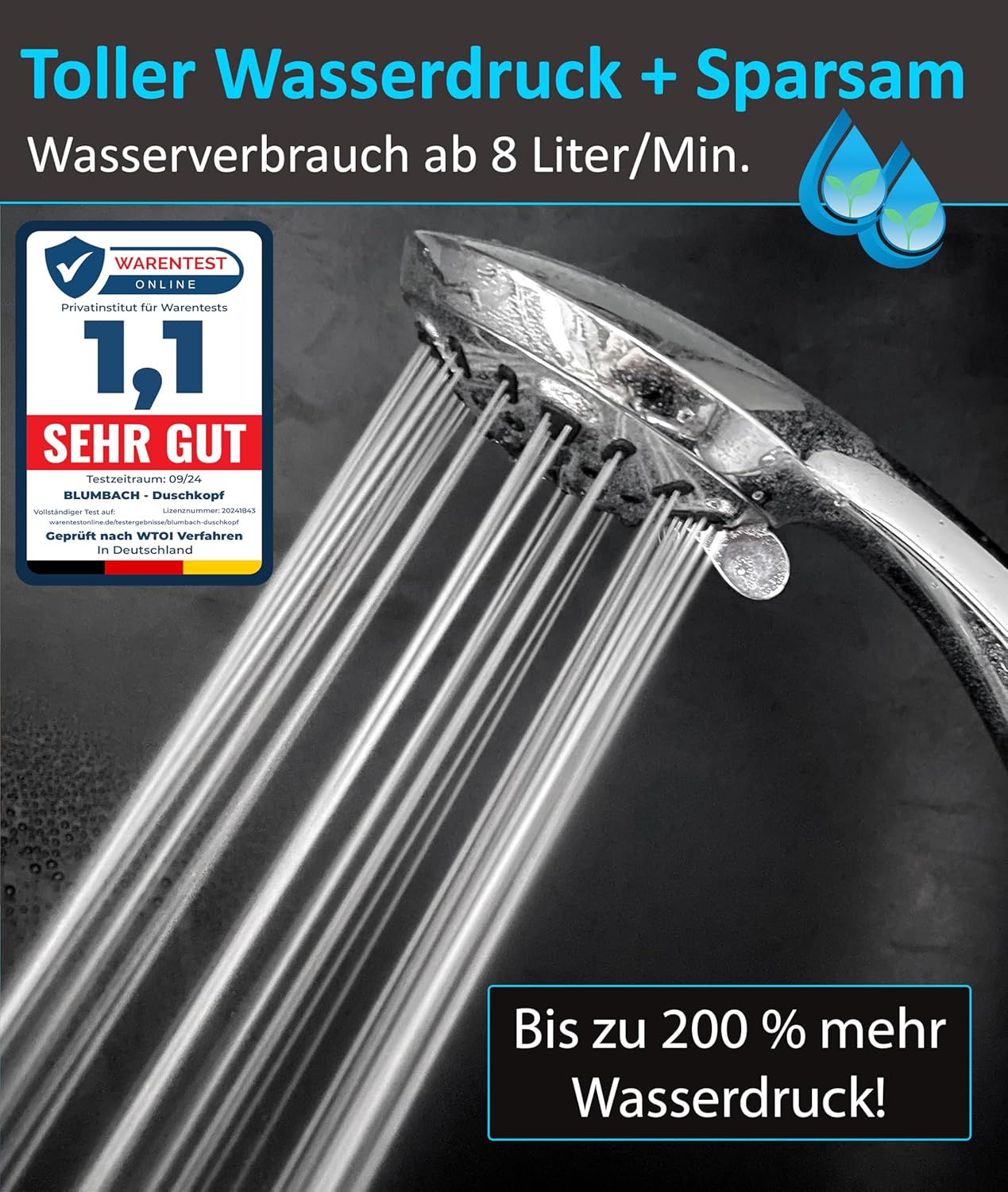 Hochdruck Duschkopf mit 8 Strahlarten, 8L/Min. 8 Strahlarten / Sparduschkopf