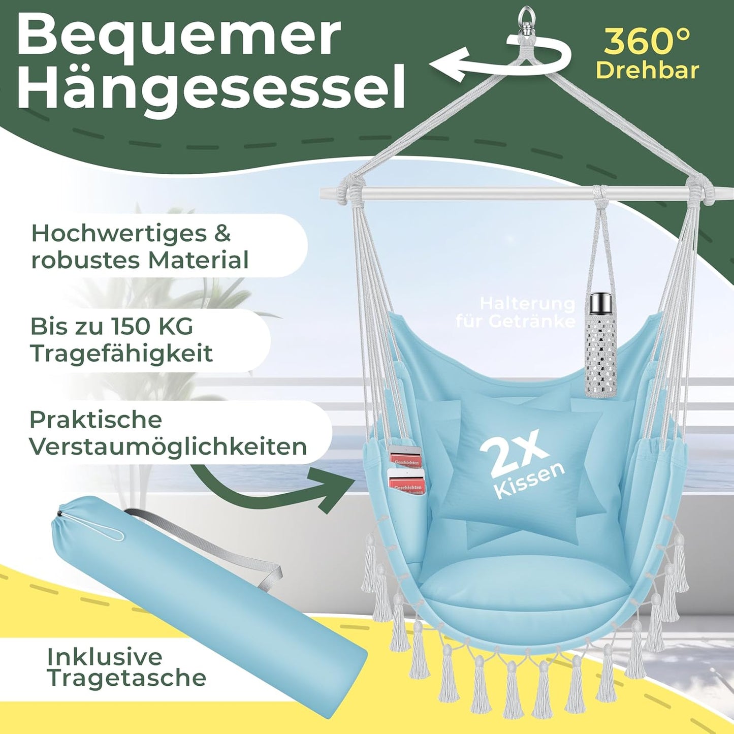 Hängesessel Safari XXL mit Aufhängung & Zubehör, Blau / Weiss