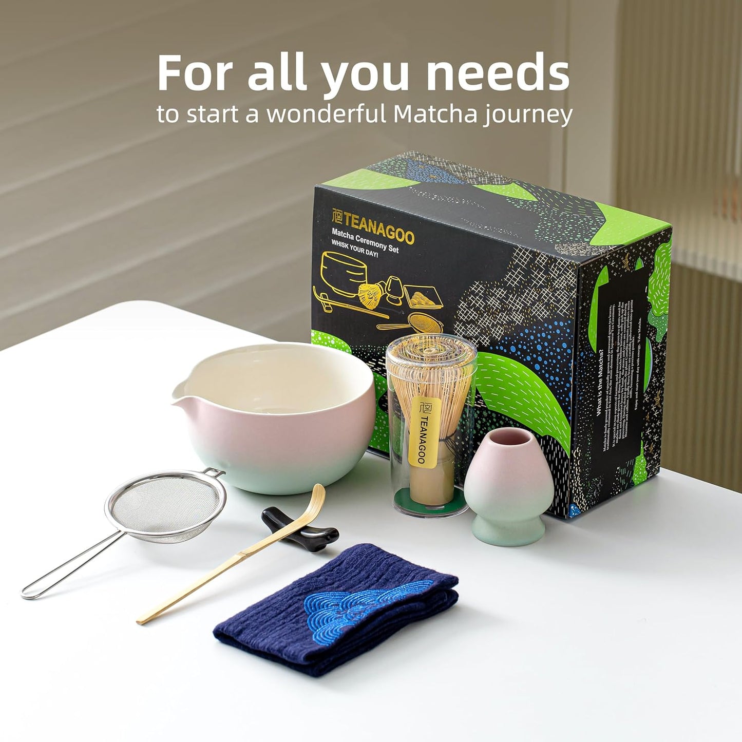7-teiliges Matcha Tee-Zubehörset mit Schale und Besen, 7Stück/Set, Schüssel mit Ausgießer Grün Grident Rosa