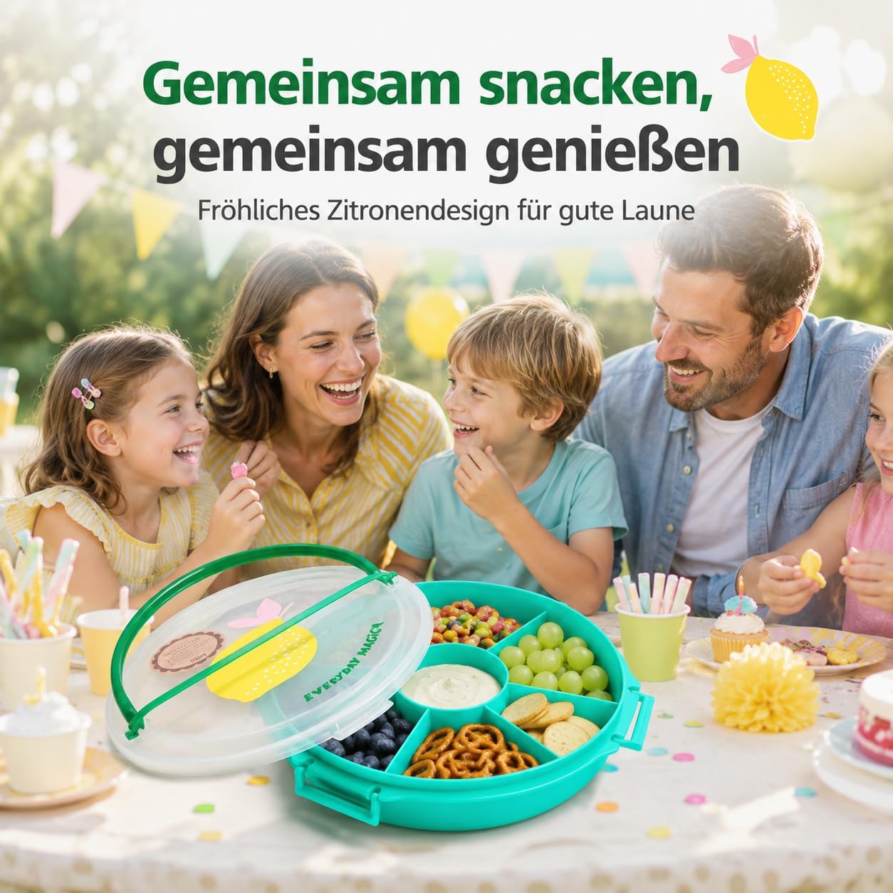 Snackbox mit Fächern und Deckel (Rund), Zitrone