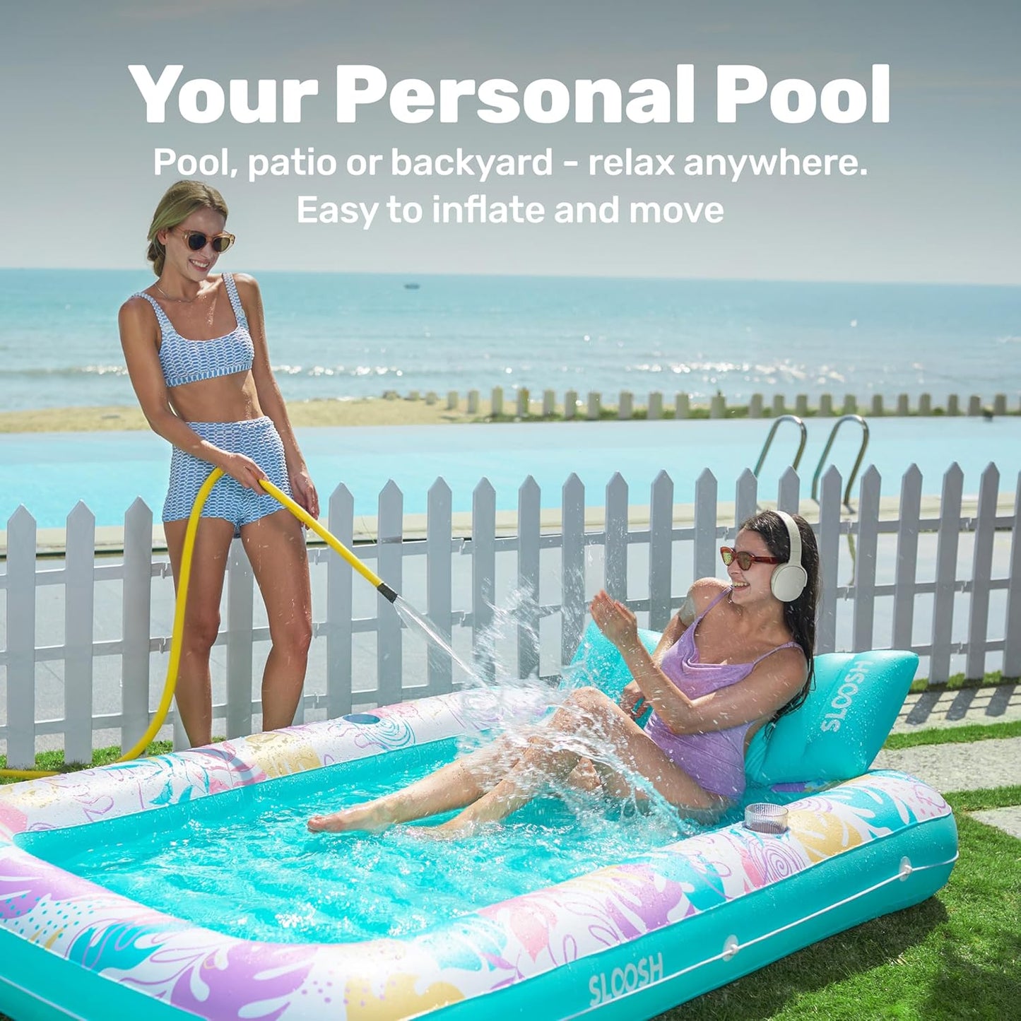 Aufblasbarer 4-in-1 Sonnenliegepool mit Kissen und Getränkehalter, Tropisches Blau XL