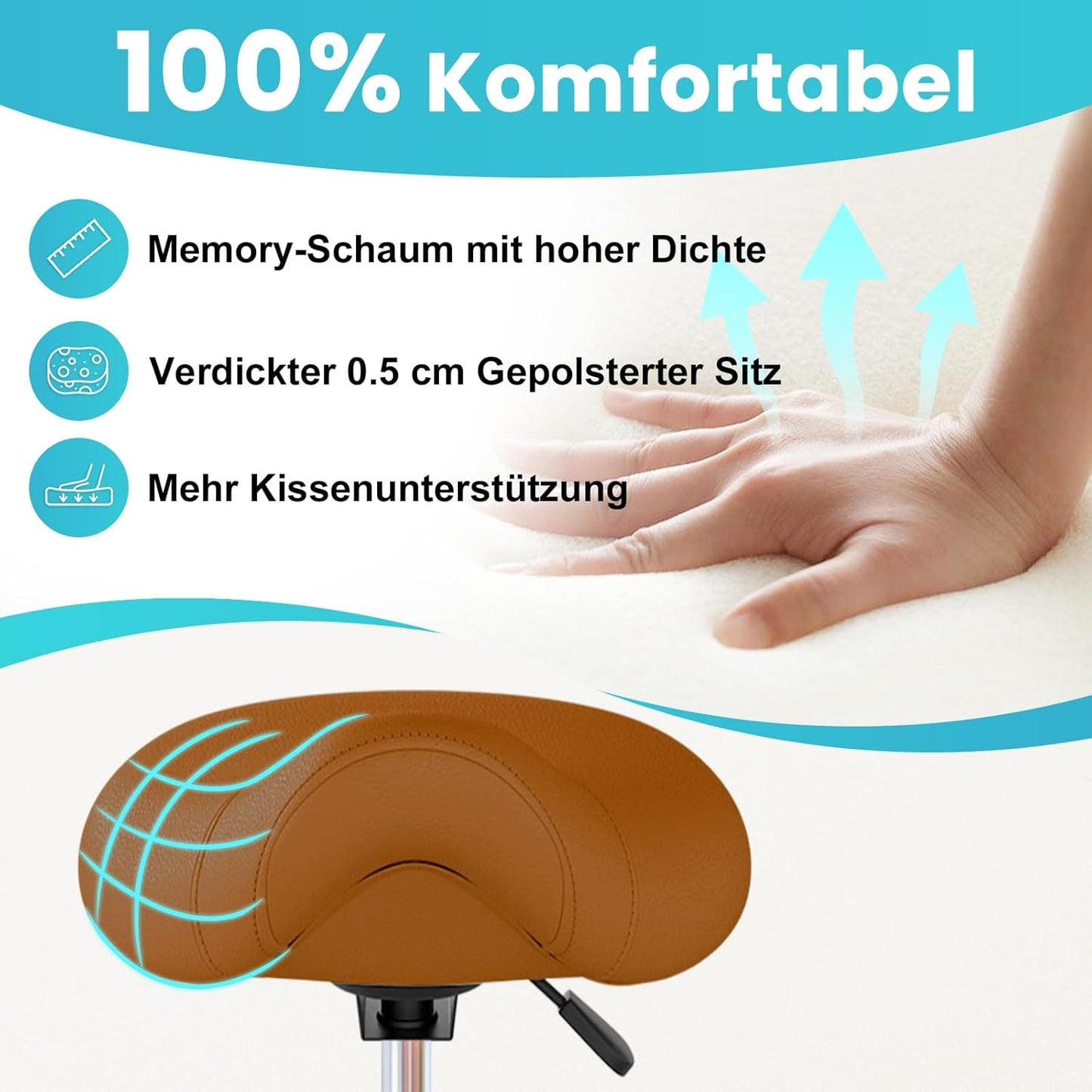 Ergonomischer Sattelhocker mit Rollen und Ringpedal, Braun