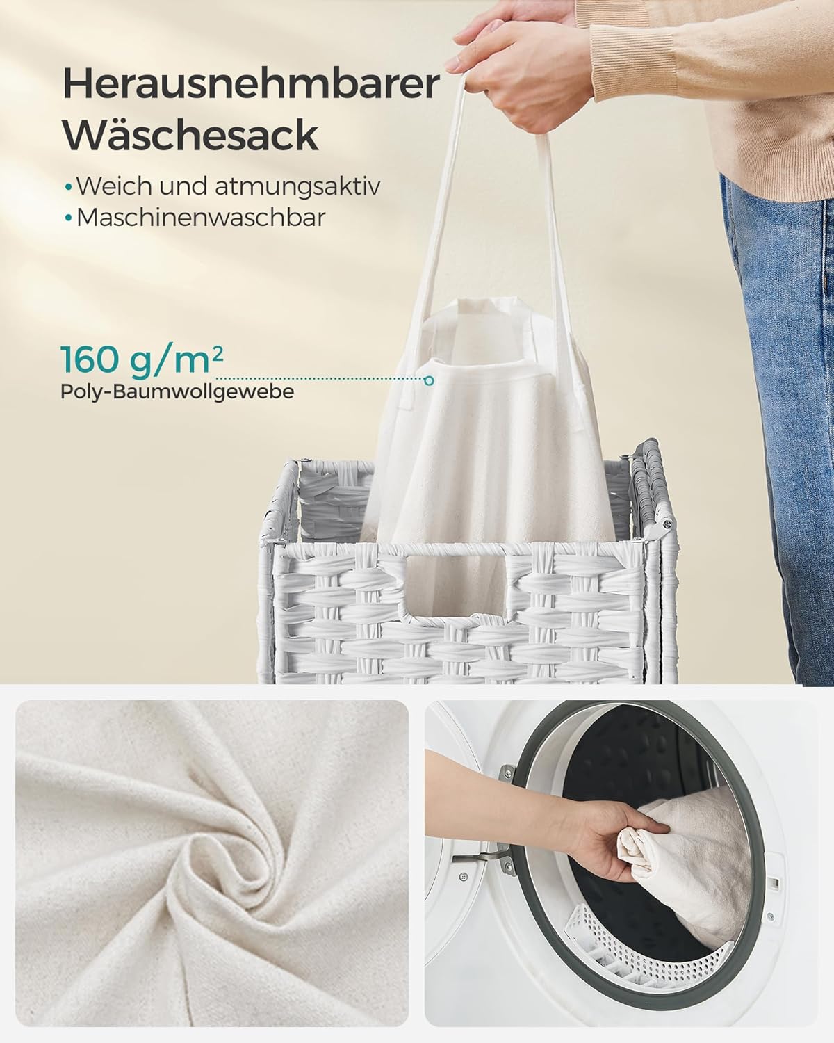 Geflochtener Wäschesammler mit Deckel und Wäschesack, Wolkenweiss 90 L