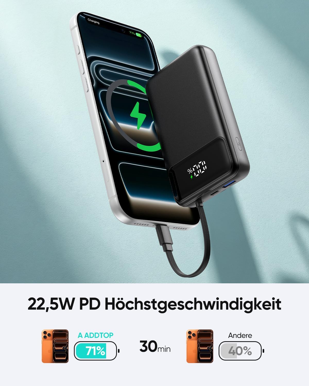 Powerbank mit 4 Kabeln & Schnellladen, Schwarz