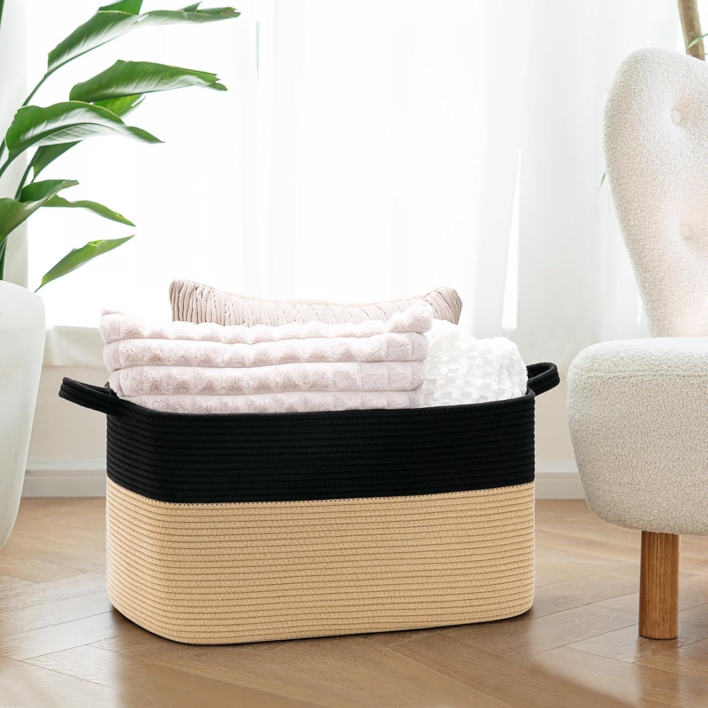 Faltbarer Wäschekorb, Schwarz und Braun 65L（55 x 38 x 29 cm）