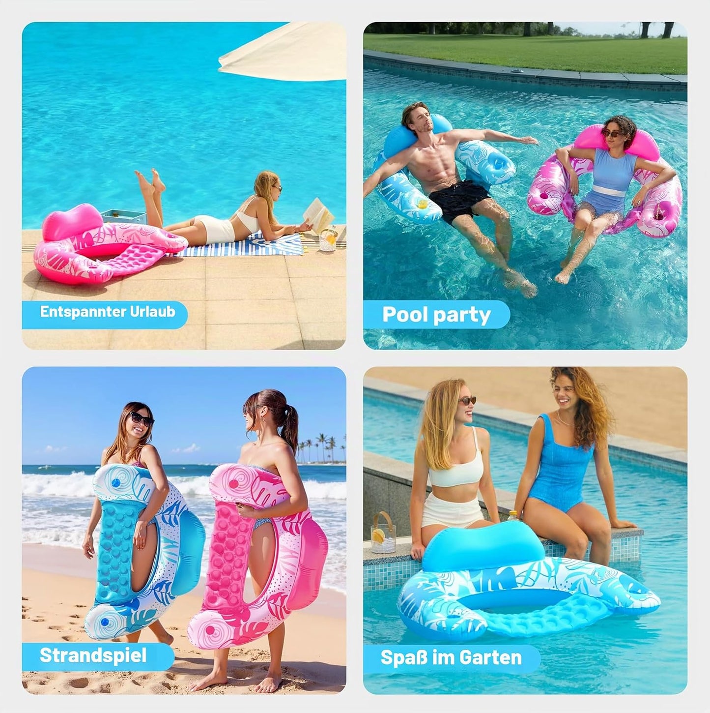 Aufblasbare Pool-Flösse mit Getränkehaltern, 2er-Set, Blau, Rosa