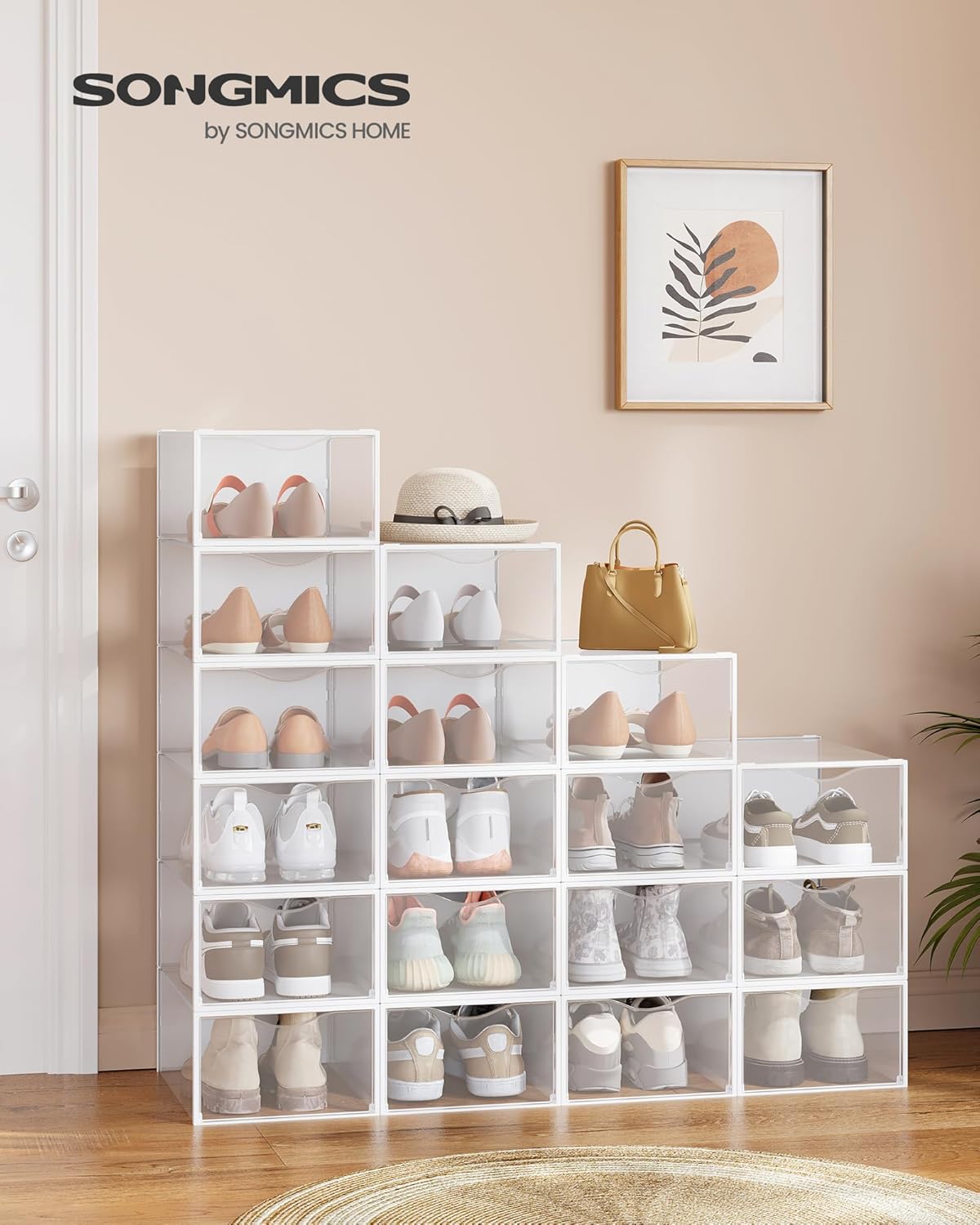 Schuhboxen-Set, stapelbare Schuh-Organizer (18 Stück), Transparent + Wolkenweiss 18