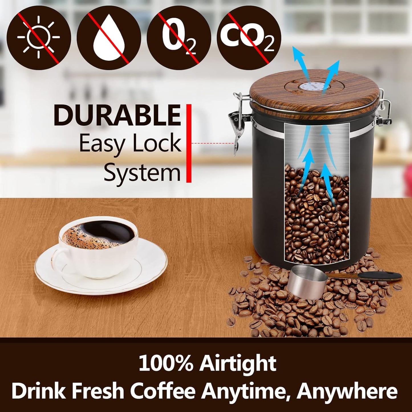 Kaffeedose luftdicht aus Edelstahl mit Messlöffel, 2,8 L Schwarz-02