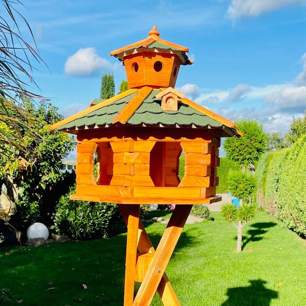 Sechseck Vogelhaus wetterfest XXL mit Ständer, Grösse XXL mit Ständer Grün - Braun