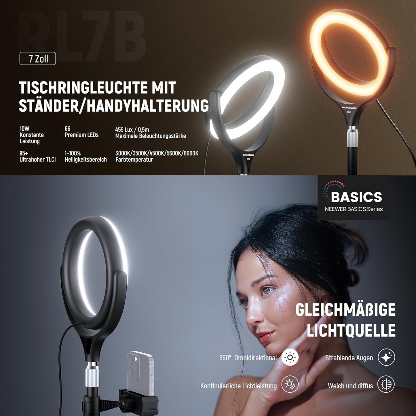 Tisch-Ringlicht mit Ständer und Handyhalterung, 7" Schwarz