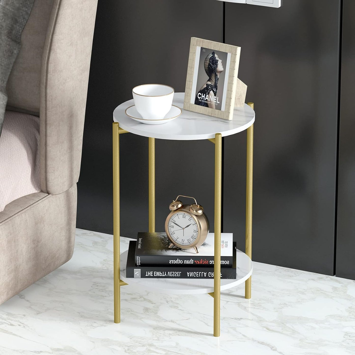 Runder Marmortisch mit 2 Ablagen, 40.5×40.5×55cm|Gold