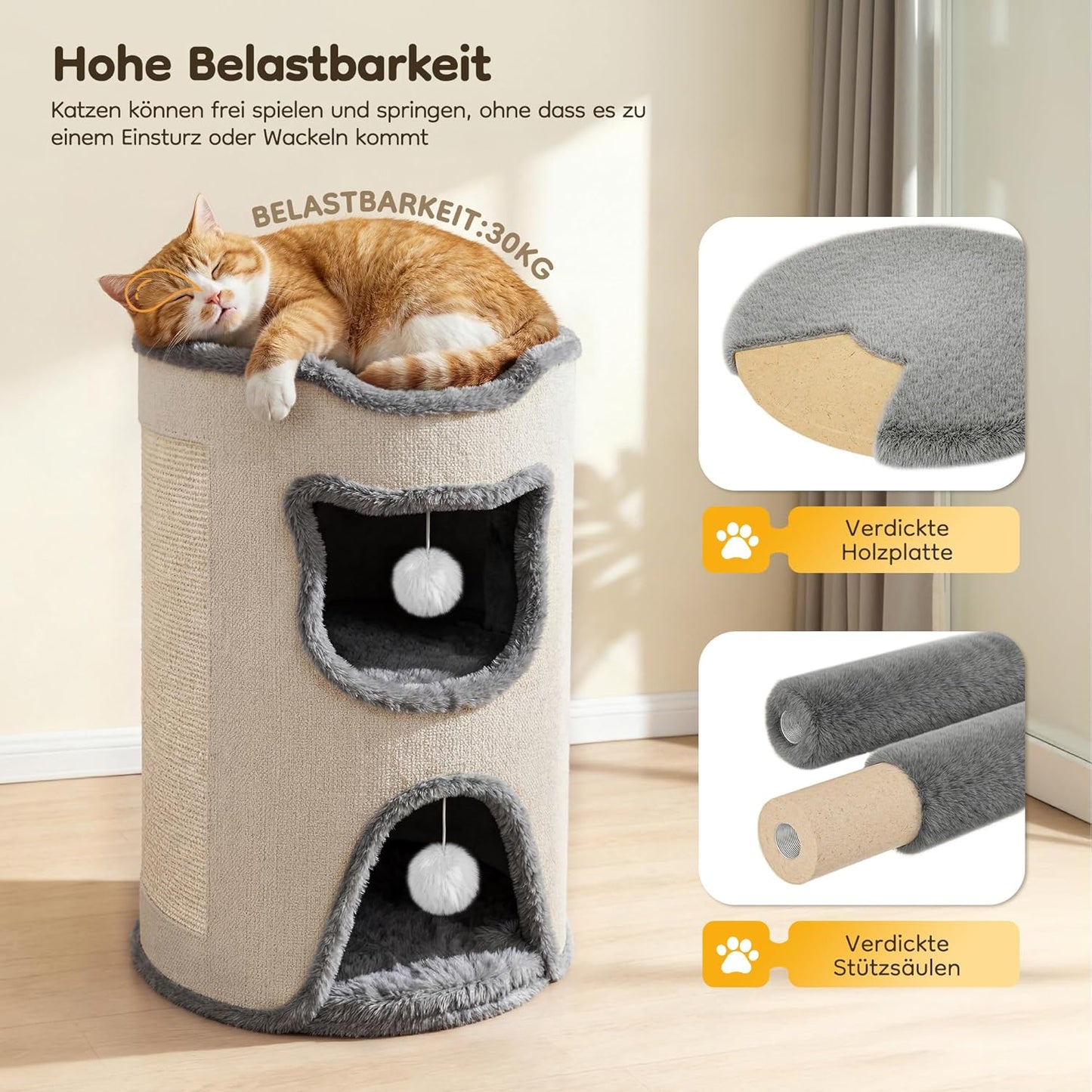 Katzenhaus mit Kratzbaum und Spielball (40x40x60 cm), Weiss Doppellagig