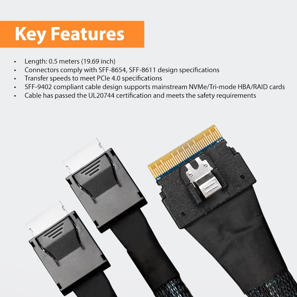 ICY DOCK Kabel SlimSAS 8i SSF-8654 zu 2xOCLink 4i, SFF-8611 Kabel-0,5M, 1x SlimSAS 8i zu 2x OCuLink 4i