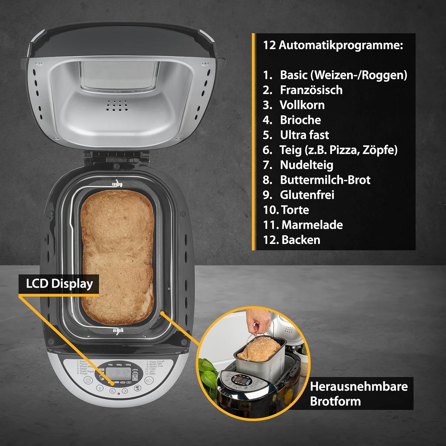 Brotbackautomat mit 12 Programmen und Timer, Schwarz/Silber