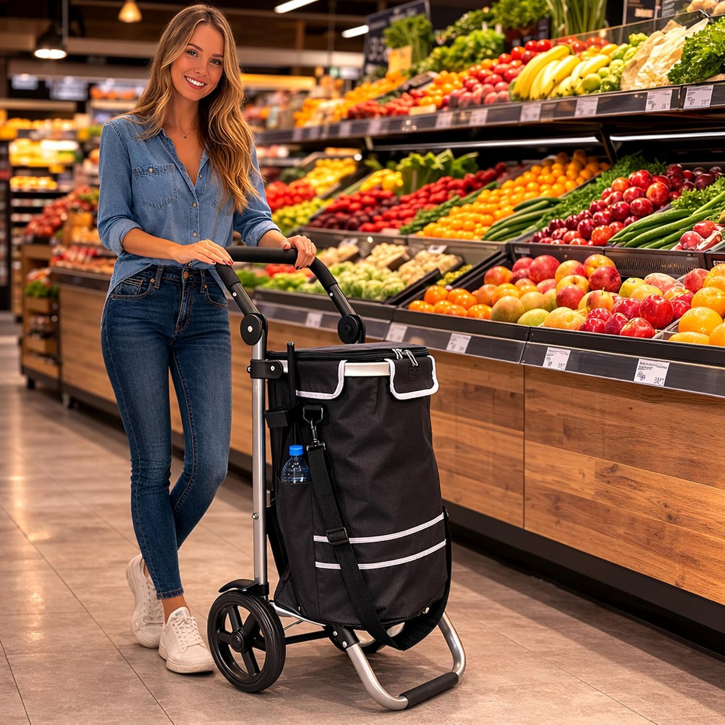 Faltbarer Einkaufstrolley mit Kühlfach, 57L, 30kg, Schwarz Standardrad