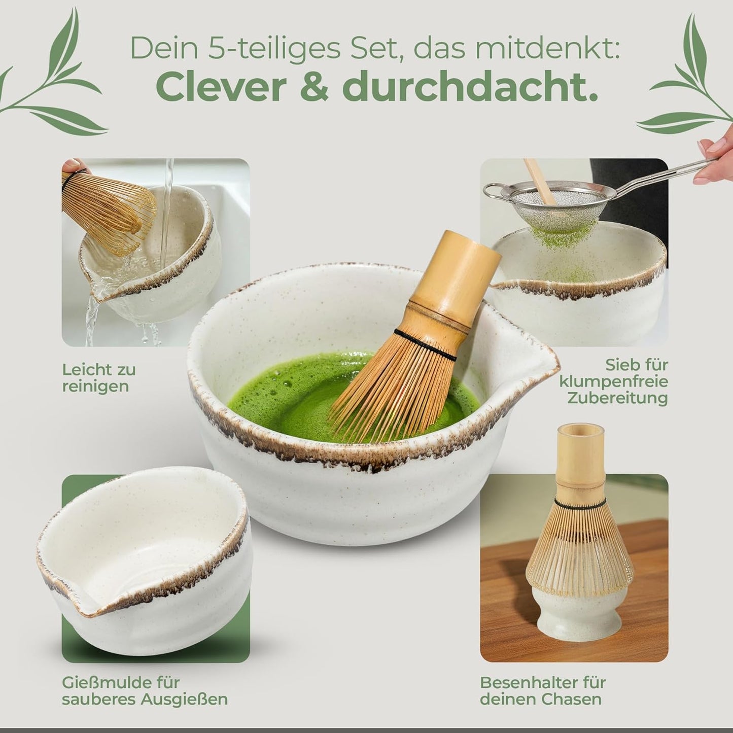 5-teiliges Matcha-Teeset, Weiss mit Braunem Rand