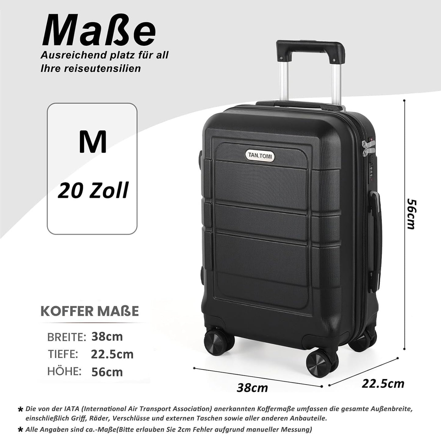 Handgepäck Trolley-Koffer mit Zahlenschloss (56cm), Schwarz 20 Inch (Medium)