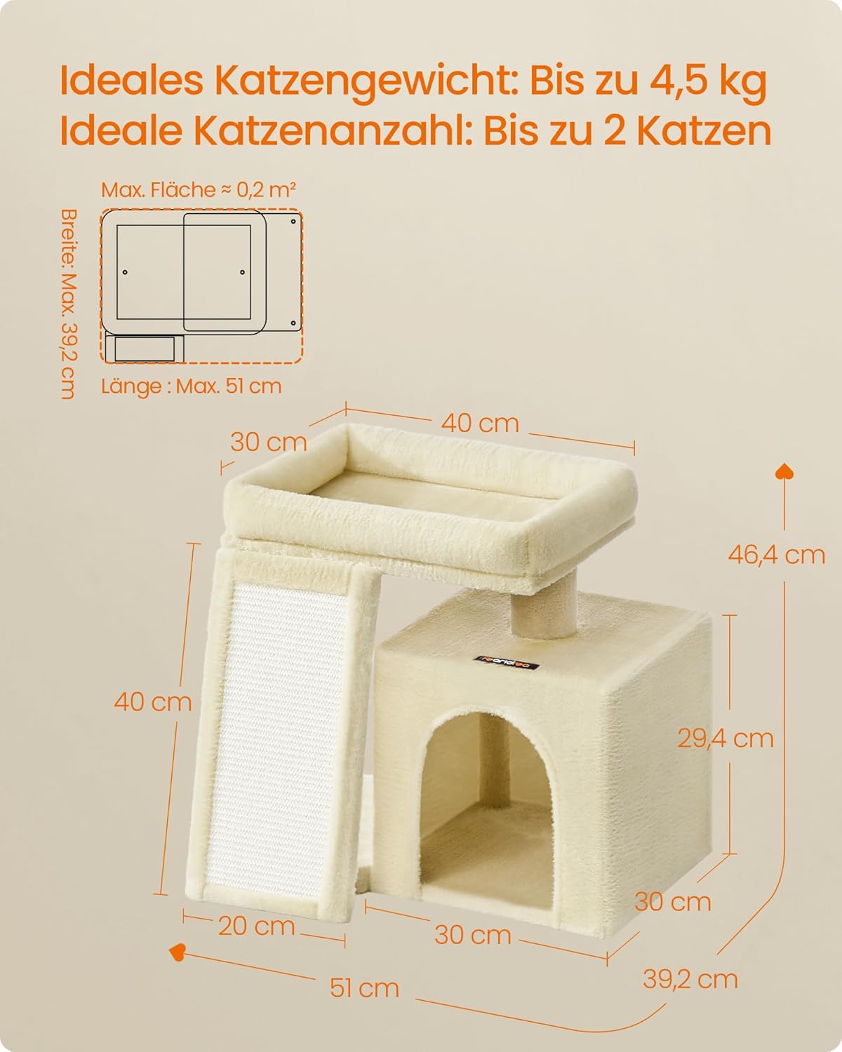 Katzenkratzbaum mit Plattform und Höhle (46,4 cm), sandbeige S (51 x 39,2 x 46,4 cm)