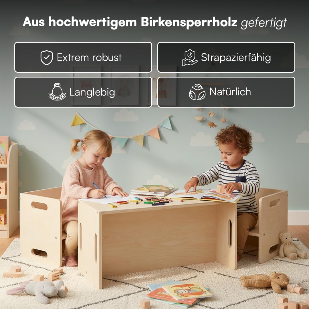Kindersitzgarnitur 3-teiliges Möbel-Set aus Holz, 2x Stuhl, 1x Bank Natur