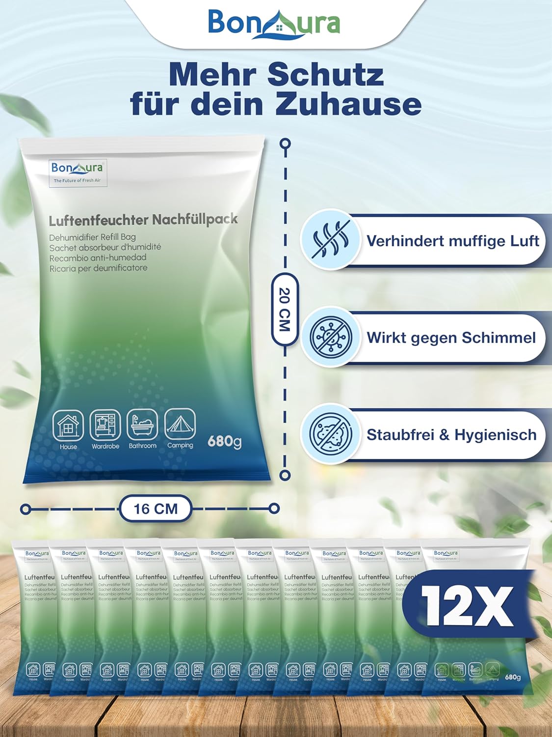 Luftentfeuchter mit Granulat-Nachfüllpacks, 12 X Granulat Beutel