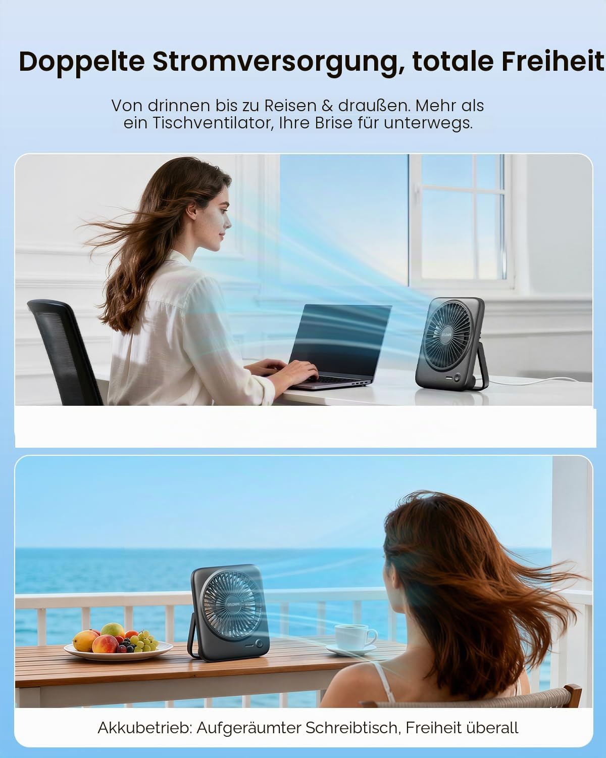 Tischventilator mit Akku, 4 Geschwindigkeiten, Schwarz