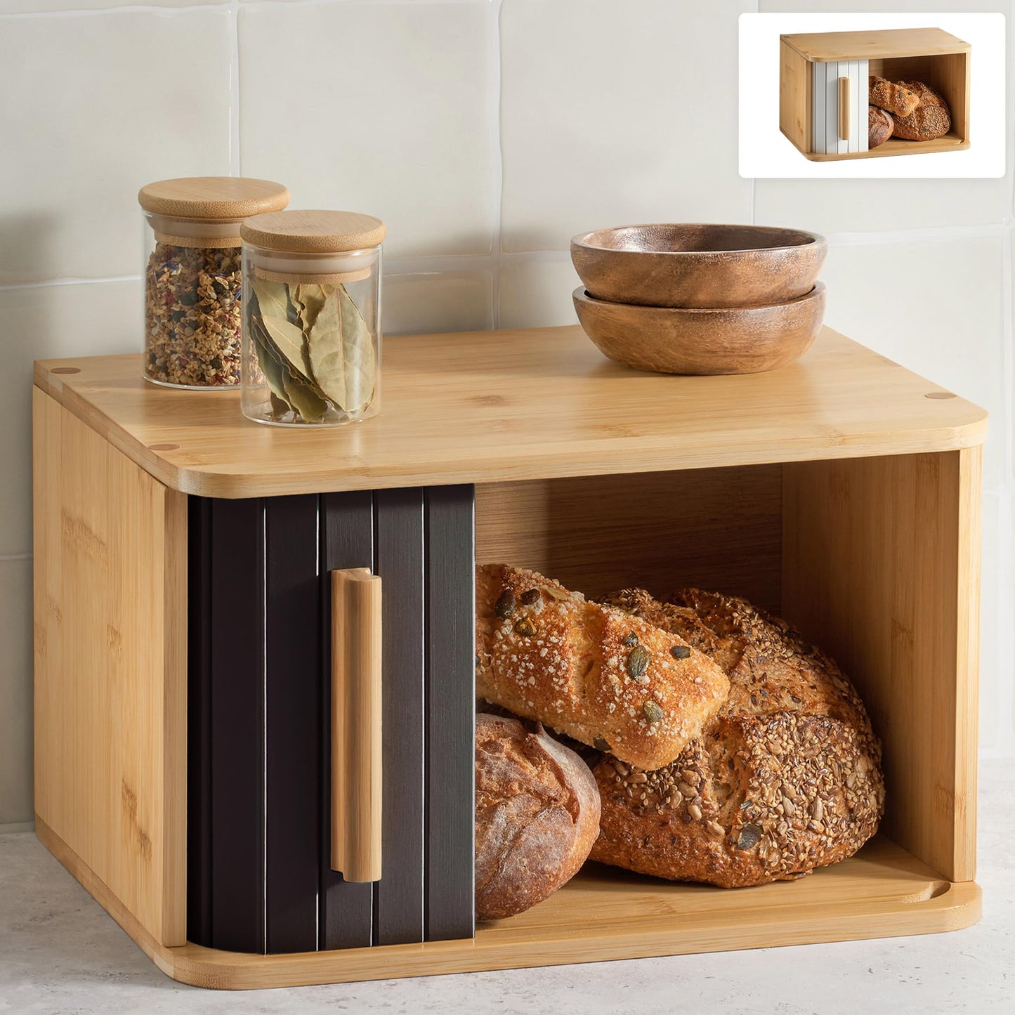 Brotkasten mit Schiebetür, Schwarz