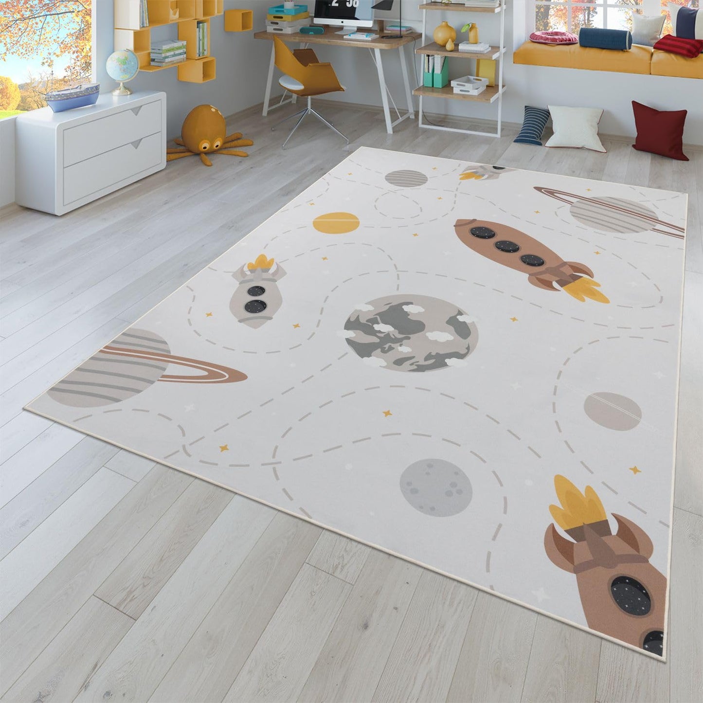 Rutschfester Kinderteppich mit Planeten Sterne Raketen, 80 x 150 cm Beige Braun Gelb