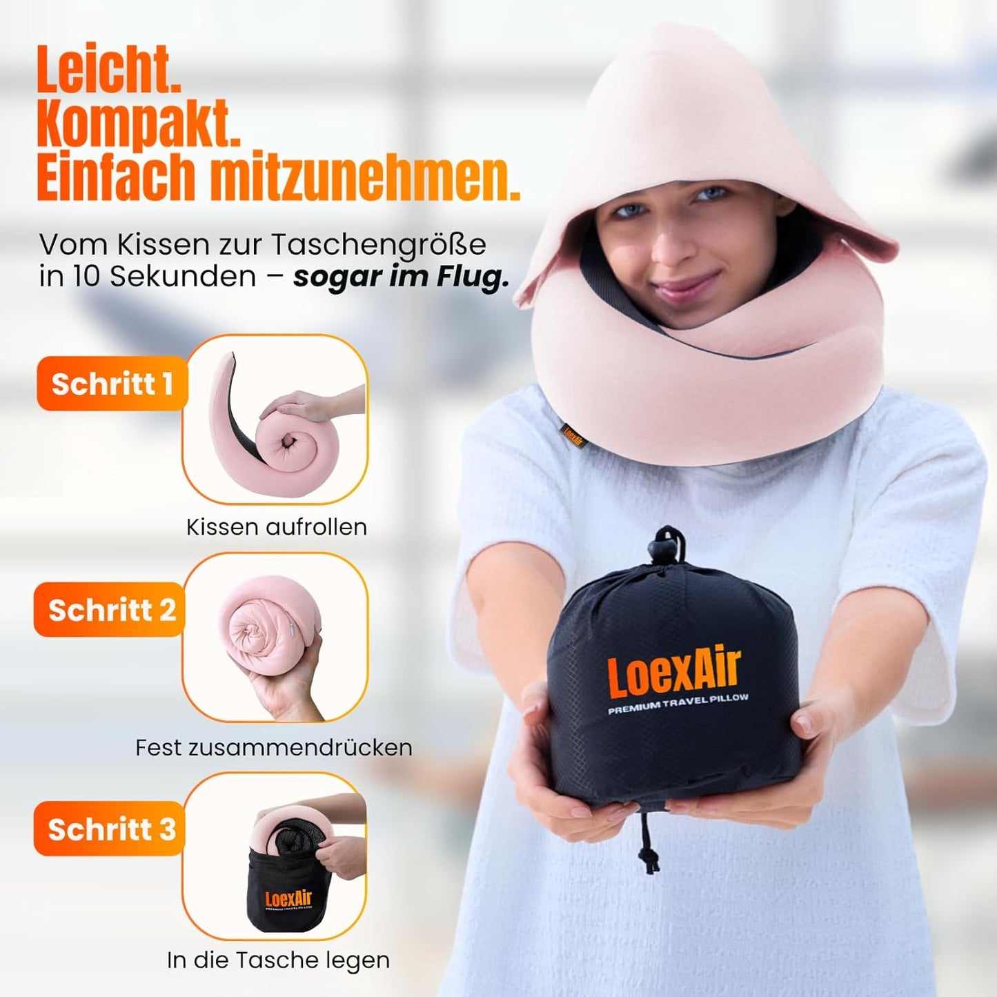 Nackenkissen mit Kapuze aus Memory-Schaum für Reisen, Sakura Pink Hooded Pro