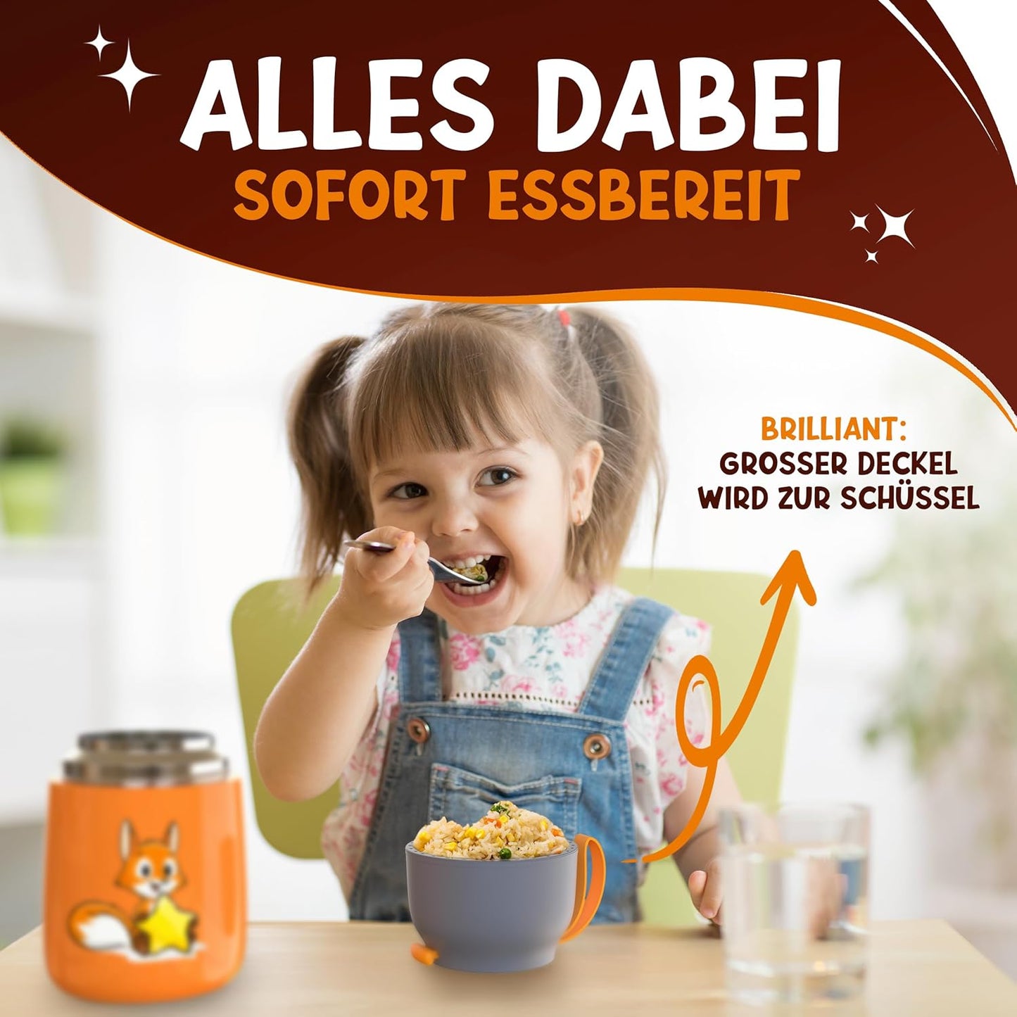 Thermobehälter für Essen Kinder 500ml, Edelstahl, Orange