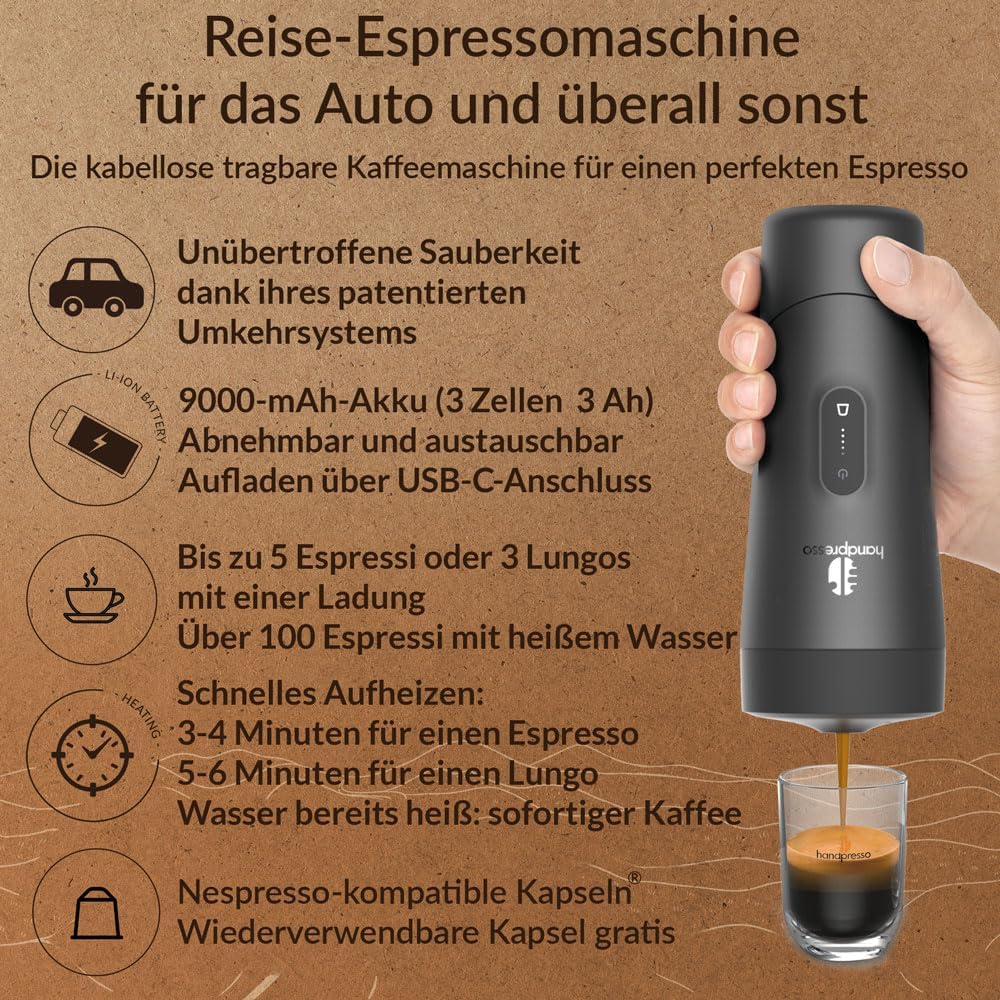 Handpresso Auto Set: Reisekaffeemaschine, Espresso- & Lungokapseln kompatibel