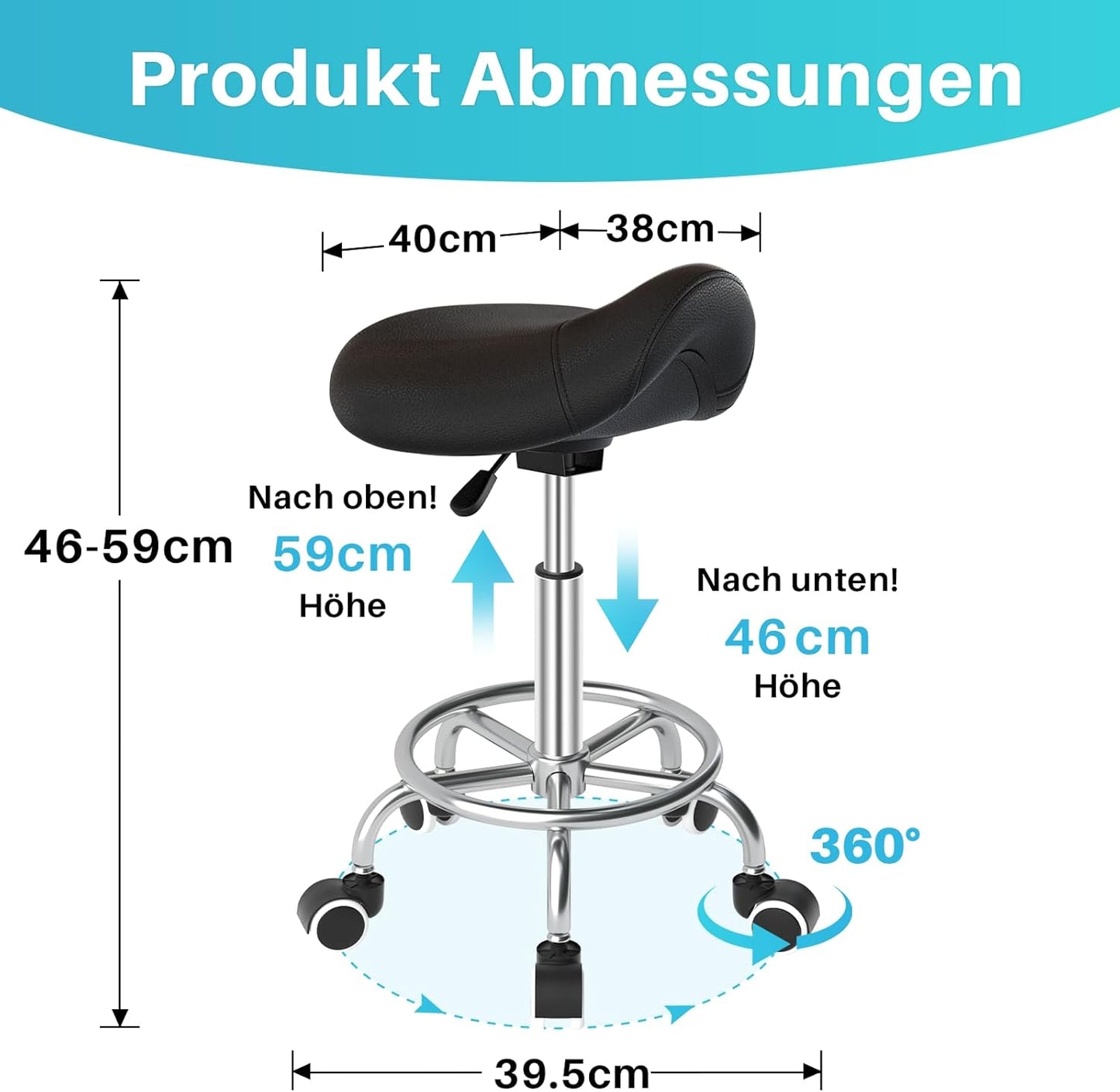 Ergonomischer Sattelhocker mit Rollen und Pedal, Schwarz