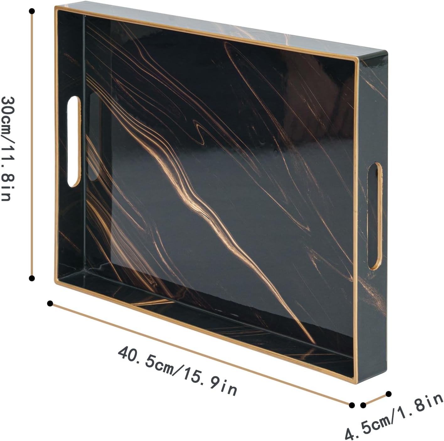 Rechteckiges Serviertablett mit Griffen, Schwarz Gold 40 x 30 x 4 cm Marmor