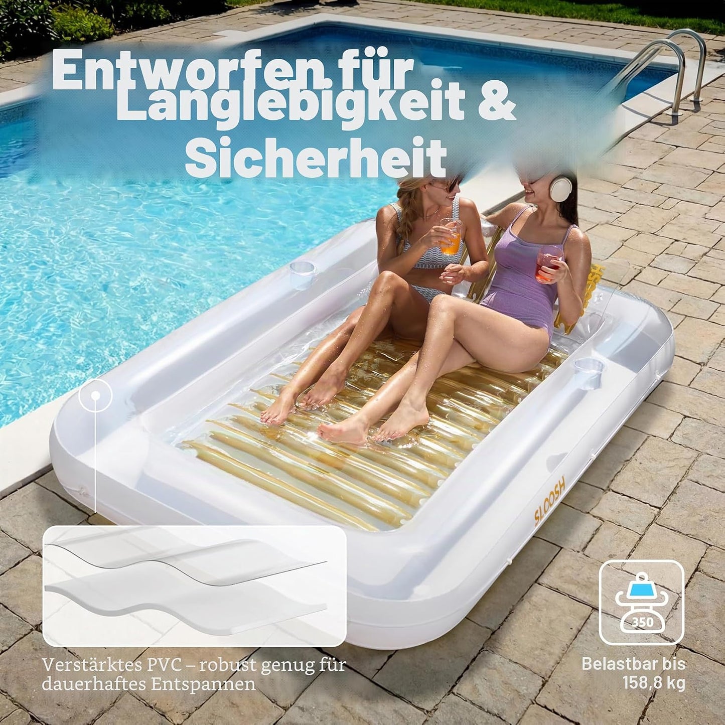Aufblasbarer Sonnenpool mit abnehmbarem Kissen und Getränkehalter, Gold-Weiss XL
