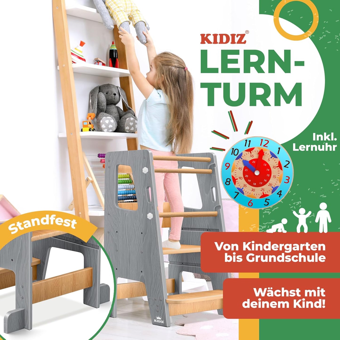 Lernturm für Kinder ab 1 Jahr, höhenverstellbar, Grau & Kiefer
