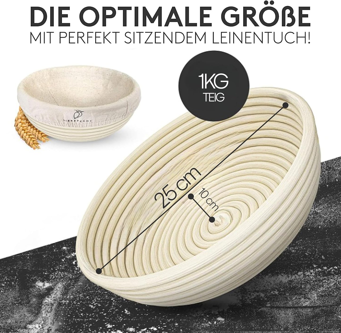 Runder Gärkorb mit Leineneinsatz, Rund 25cm