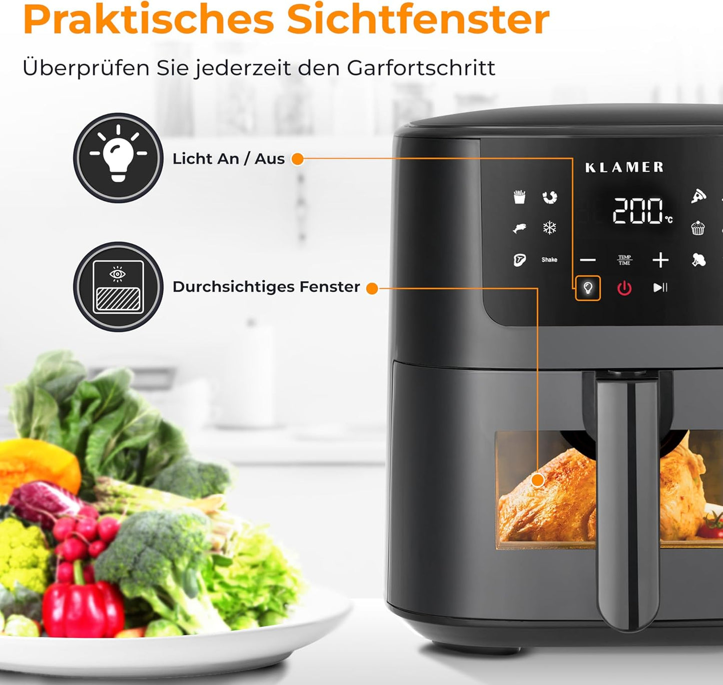 Heissluftfritteuse mit Sichtfenster, Schwarz, 5 L mit Sichtfenster