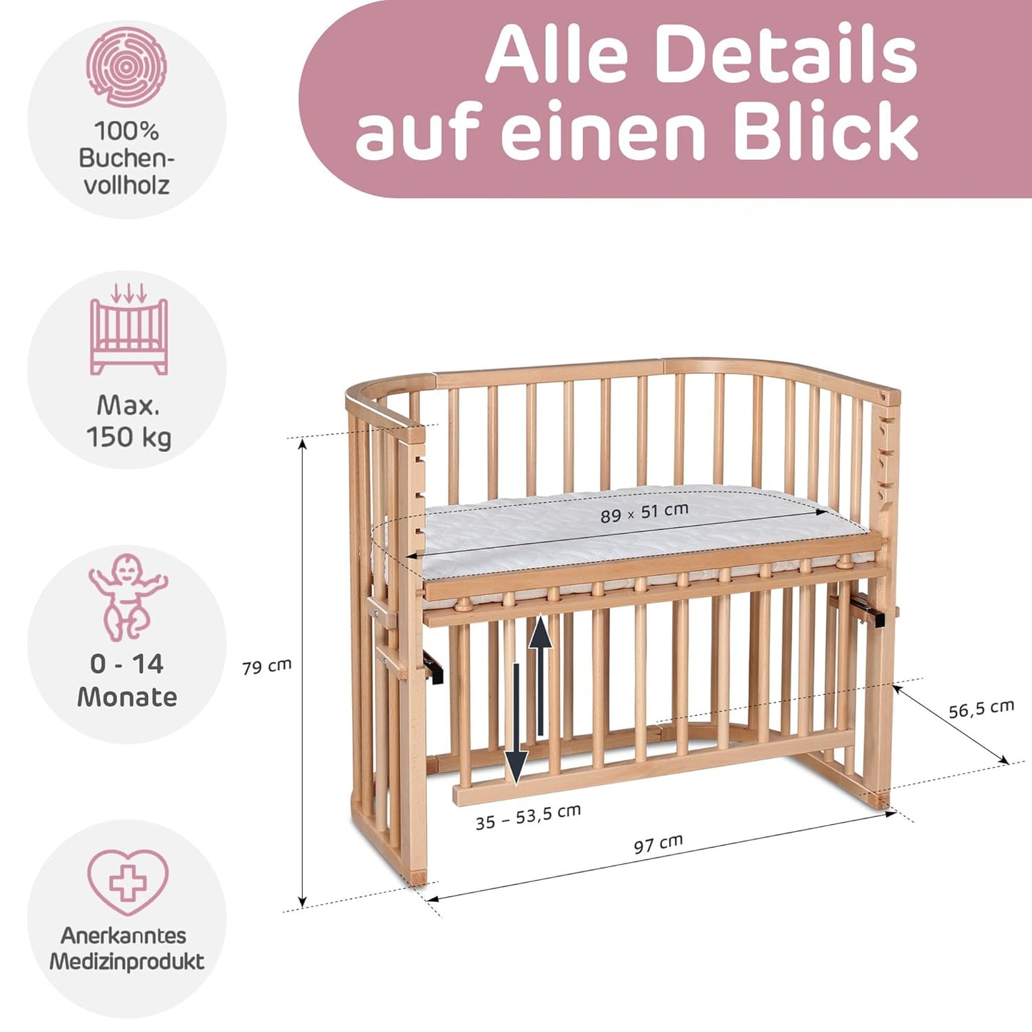 Maxi Comfort Plus Beistellbett, Natur Lackiert ; 96L x 56.5B x 79H cm ; Ohne Matratze