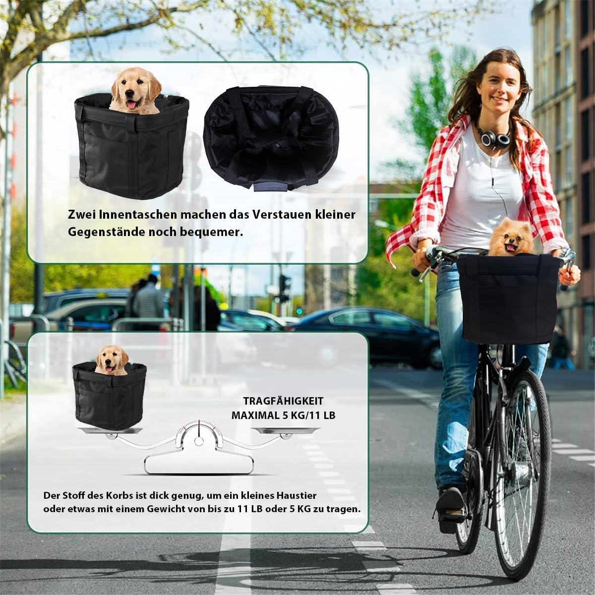 Faltbarer Fahrradkorb für Lenker, Schwarz