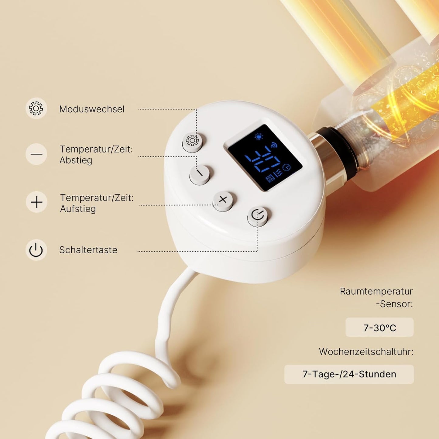 Heizstab mit Thermostat für Badheizkörper, 1200 W Weiss - Wifi Model
